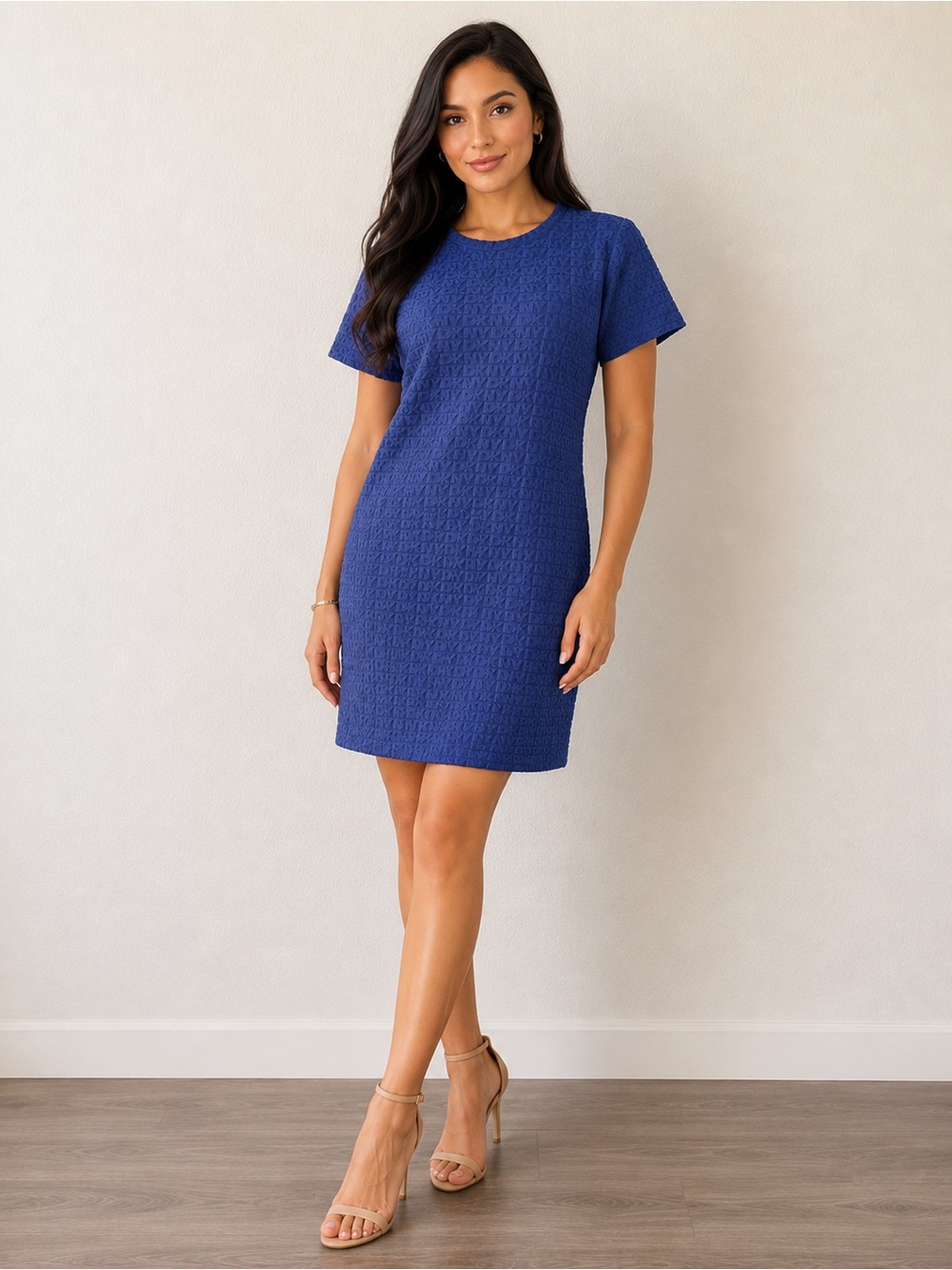 DKNY Classic Textured Logo Short Sleeve Shift Dress in Royal Blue